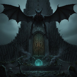 A demon stands by the doors of Hallgrímskirkja church in Reykjavik at night