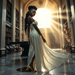 Ultra-detailed full body cinematic masterpiece, 8K, hyper-realistic shot low-angle below eye level at her waist looking up she's in the centre directly facing the camera lit by very faint sunlight. a graceful regal cute athletic voluptuous 20 year old East African Nubian/Habesha mixed princess standing in a vast white marble modern grand hall/library. She has thick elegant upswept bun long vellus dreadlocks loose locks framing her face with gold trinkets & radiant sweaty tanned dark cacao ebony skin. She has large bright regal hazel eyes framed with dark smoky eyeliner and pale shimmering gold eyeshadow & dark plum lipstick on her upper lip with a lighter plum tone on the lower lip. She wears a fitted very thin white chiffon silk halter bodice with a very deep plunging neckline & back and aa ankle-length flowing ribbon train made of two ribbon panels with dual wide symmetrical torso length splits along each leg, the dress has fine intricate angular shimmering gold symmetrical geometric pattern. Her jewelry is an elaborate black lace choker, gold circlet, earrings, chains, bracelets, armbands & anklets and elegant ivory & gold high stiletto shoes & glasses. She stands & leans back on a large ornate dark oak table eyes fixed on the camera. She has gold linear geometric patterns painted on her arms & shoulders. there's a puddle of water on the floor from her dripping wet dress. The setting is a grand sunlit white marble hall with tall soaring ceilings & grand white marble walls with towering dark wood shelves of books, a floor to ceiling rectangular-glass tinted window behind her with a polished patterned marble floor, casting warm amber diffused light and soft rim lighting around her silhouette. light rays cascade from the continuous glass windows near the ceiling refracting off the mild volumetric fog & dust in the room. The mood is bright, powerful & cinematic.  Palette of gold, white, ivory and amber.  Style: hyper-realistic & candid with afternoon sunlight in the grand space, diffused incandescent amber light, high detail, textures, no harsh direct bright light on the subject just warm refracted tones