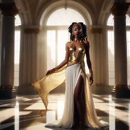 Ultra-detailed full body cinematic masterpiece, 8K, hyper-realistic shot low-angle below eye level at her waist looking up she's in the centre directly facing the camera lit by very faint sunlight. a graceful regal cute athletic voluptuous 20 year old East African Nubian/Habesha mixed princess standing in a vast white marble modern grand hall/library. She has thick elegant upswept bun long vellus dreadlocks loose locks framing her face with gold trinkets & radiant sweaty tanned dark cacao ebony skin. She has large bright regal hazel eyes framed with dark smoky eyeliner and pale shimmering gold eyeshadow & dark plum lipstick on her upper lip with a lighter plum tone on the lower lip. She wears a fitted very thin white chiffon silk halter bodice with a very deep plunging neckline & back and aa ankle-length flowing ribbon train made of two ribbon panels with dual wide symmetrical torso length splits along each leg, the dress has fine intricate angular shimmering gold symmetrical geometric pattern. Her jewelry is an elaborate black lace choker, gold circlet, earrings, chains, bracelets, armbands & anklets and elegant ivory & gold high stiletto shoes & glasses. She stands & leans back on a large ornate dark oak table eyes fixed on the camera. She has gold linear geometric patterns painted on her arms & shoulders. there's a puddle of water on the floor from her dripping wet dress. The setting is a grand sunlit white marble hall with tall soaring ceilings & grand white marble walls with towering dark wood shelves of books, a floor to ceiling rectangular-glass tinted window behind her with a polished patterned marble floor, casting warm amber diffused light and soft rim lighting around her silhouette. light rays cascade from the continuous glass windows near the ceiling refracting off the mild volumetric fog & dust in the room. The mood is bright, powerful & cinematic.  Palette of gold, white, ivory and amber.  Style: hyper-realistic & candid with afternoon sunlight in the grand space, diffused incandescent amber light, high detail, textures, no harsh direct bright light on the subject just warm refracted tones