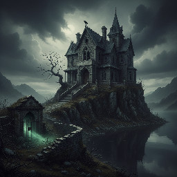 A large stone-built victorian gothic stately home in the mountains by a lake.
